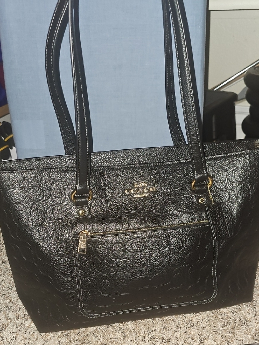 Coach Black Embossed Leather Tote with Gold Accents